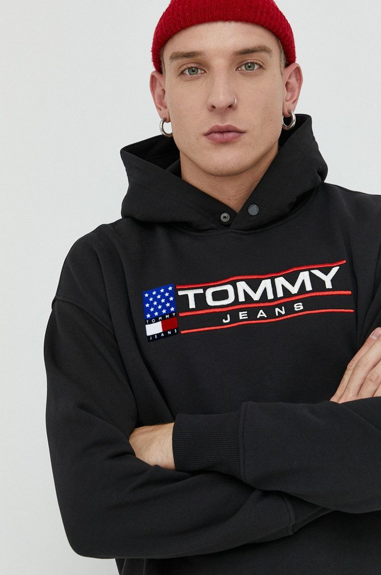 Tommy Jeans bluza męska kolor czarny z kapturem z aplikacją