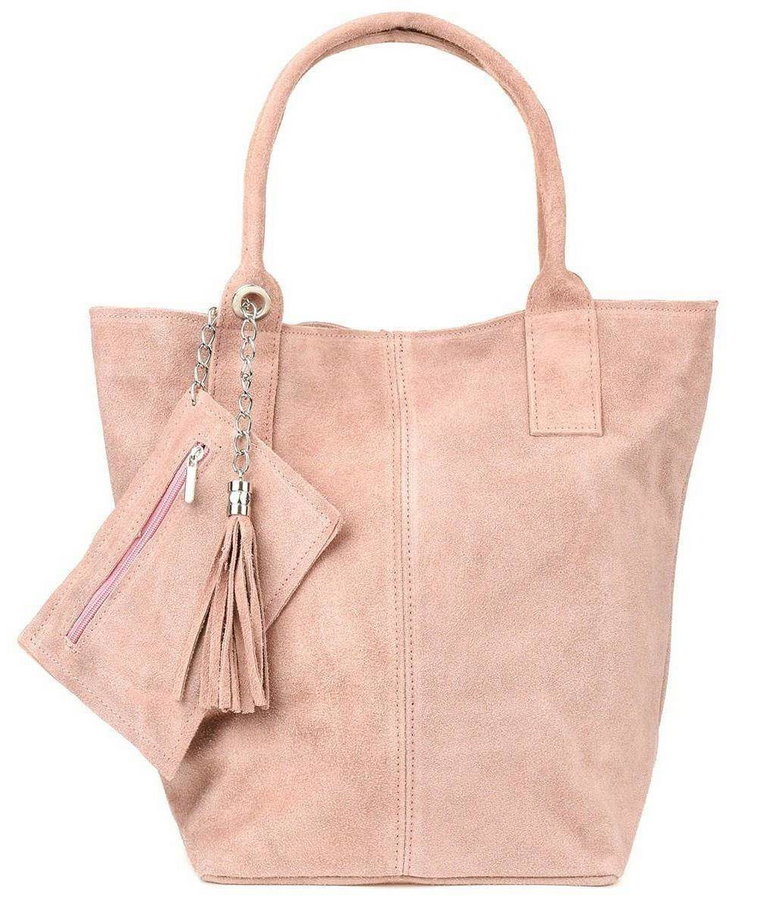 Pudrowo-różowa włoska torebka skórzana zamszowa A4 shopperka różowy