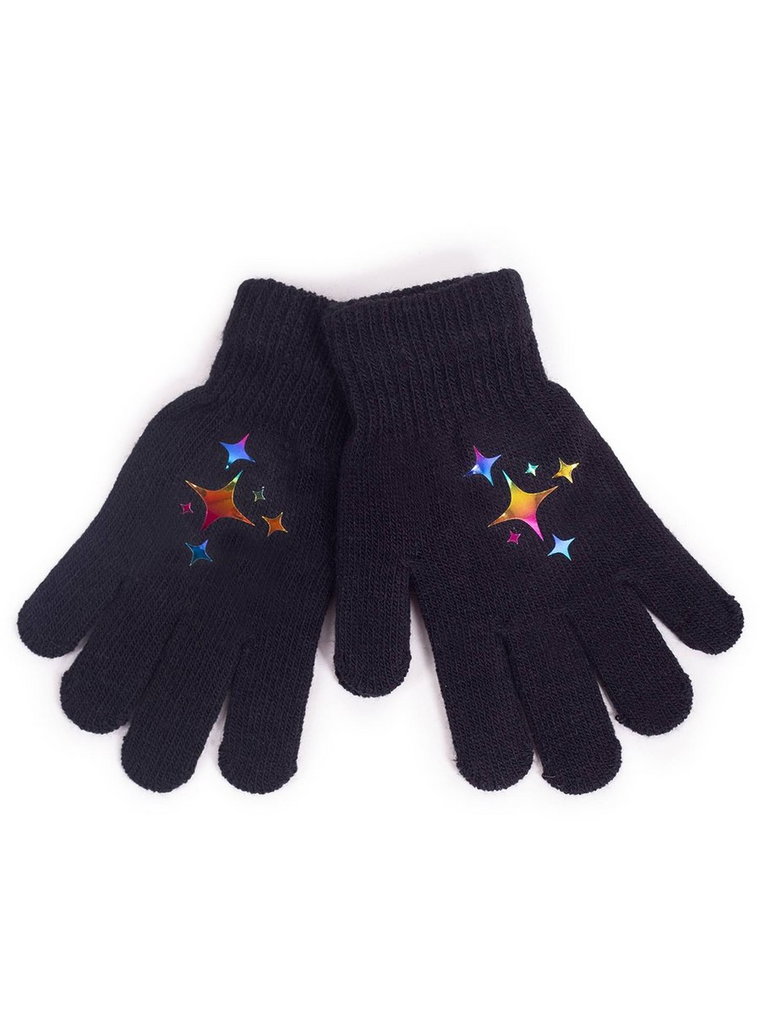 Rękawiczki dziewczęce pięciopalczaste z odblaskiem czarne z gwiazdami 18 cm YOCLUB
