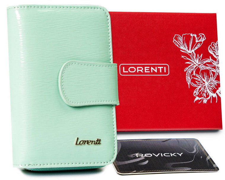 Skórzany, lakierowany portfel damski na zapinkę z zatrzaskiem  Lorenti