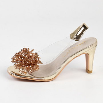 Złote silikonowe sandały damskie na szpilce z pomponem, transparentne