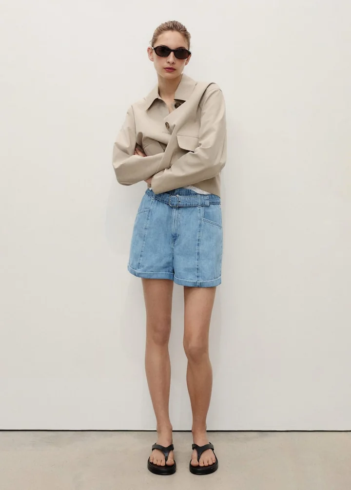 MANGO Szorty denim paperbag z paskiem średni niebieski M