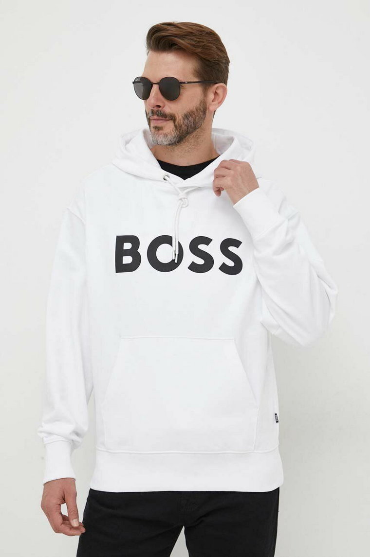 BOSS bluza bawełniana męska kolor biały z kapturem z nadrukiem 50496661