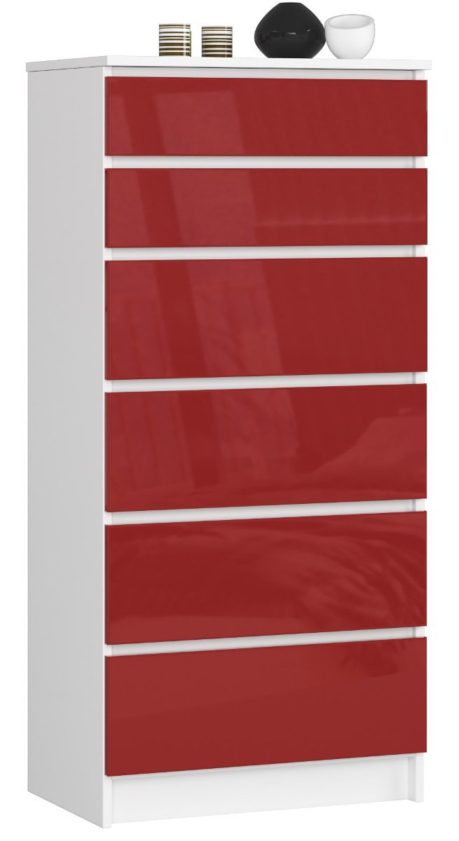 Komoda do salonu wysoka K 60 cm 6 szuflad - Biała Czerwony Połysk