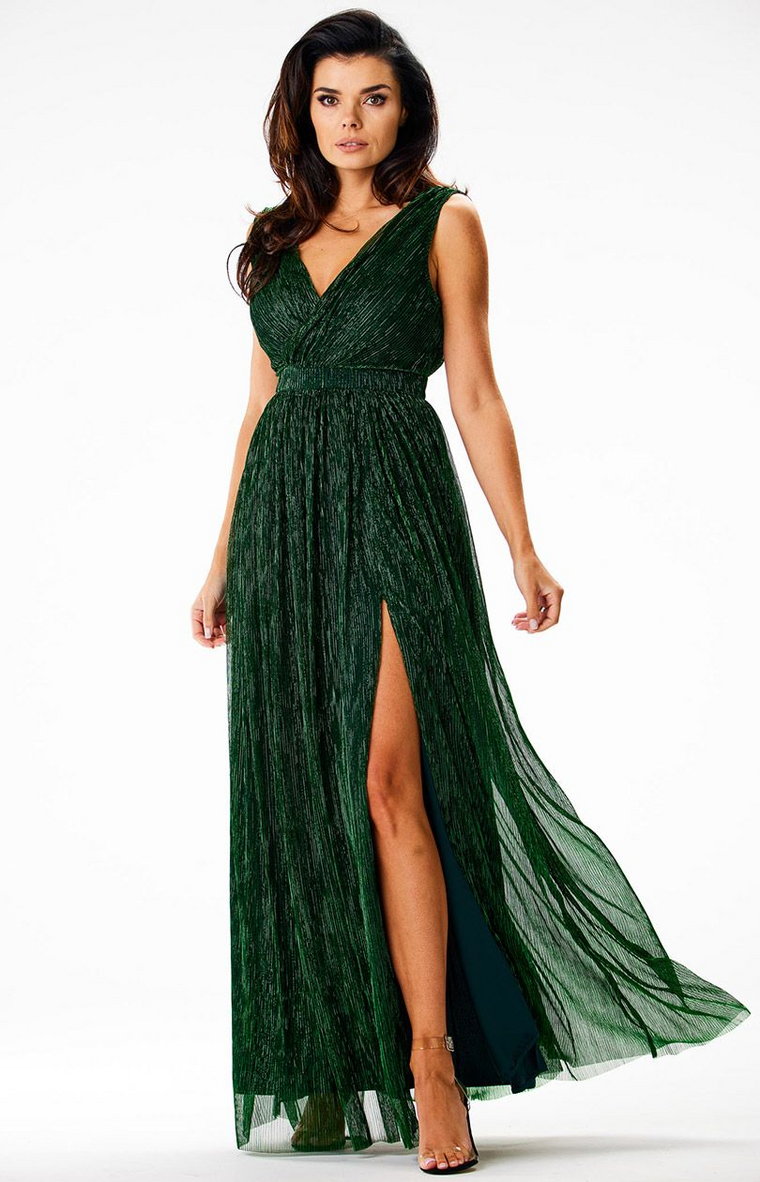 Długa błyszcząca sukienka maxi zielona A625, Kolor zielony, Rozmiar L, Awama