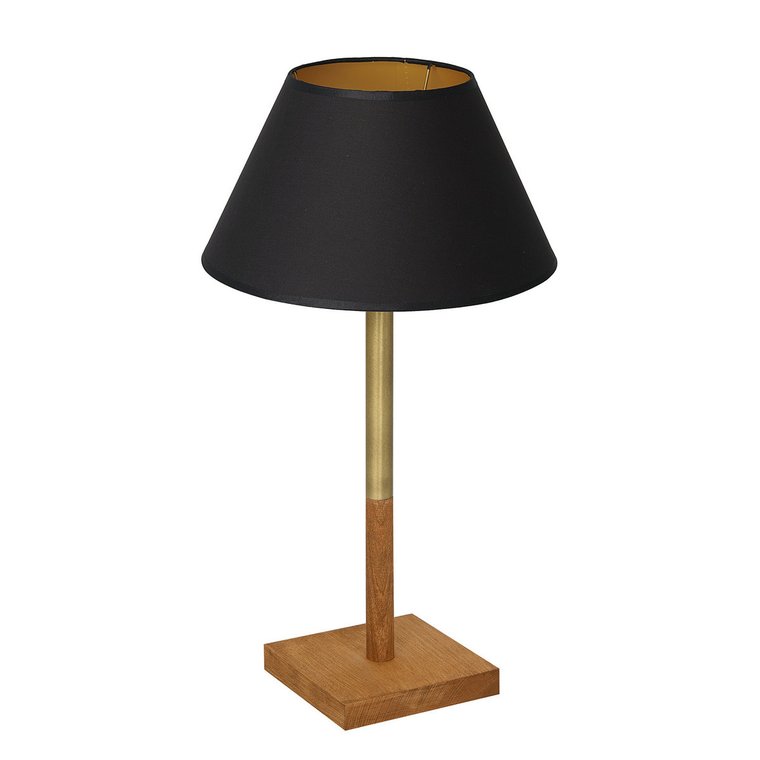 Lampa stołowa drewniana kwadratowa podstawa mosiężny element czarny stożkowy abażur ze złotym wnętrzem Table lamps 1xE27 15W Luminex