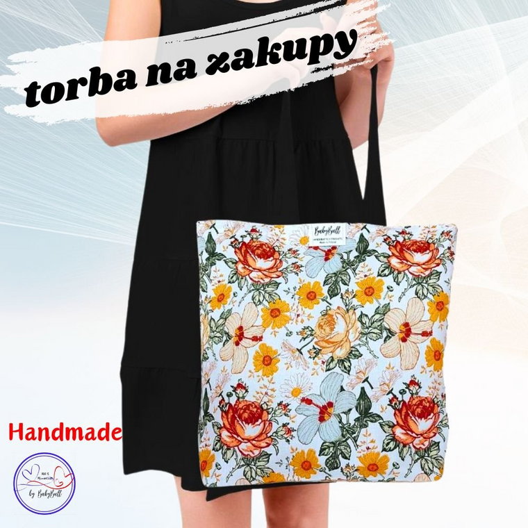 Torba na zakupy bawełniana EKO shopperka kolorowa siatka Handmade - KWIATKI, jasne tło