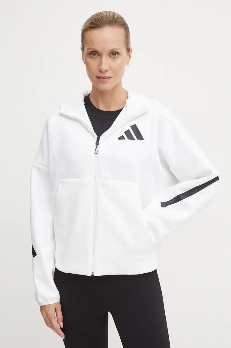 adidas bluza ZNE damska kolor biały z kapturem z nadrukiem JE7849