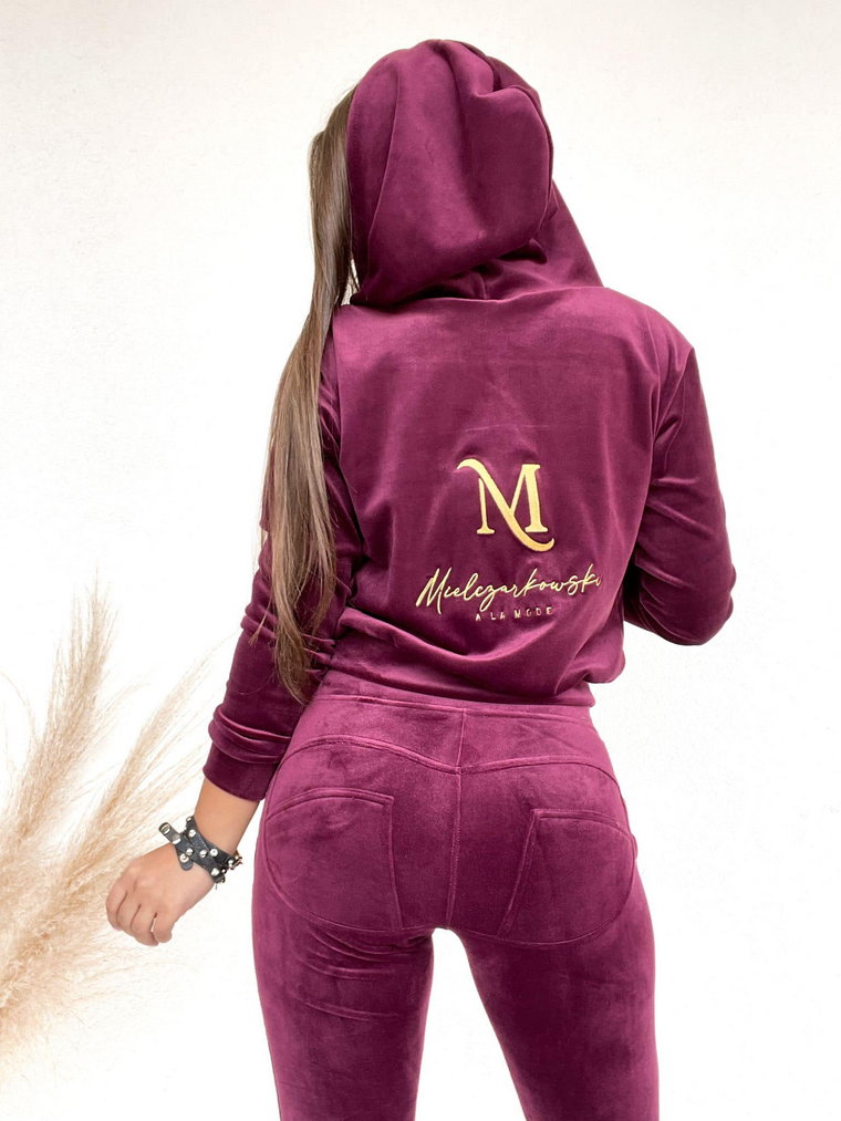 Welurowy dres z kapturem premium logo Mielczarkowski - bordo