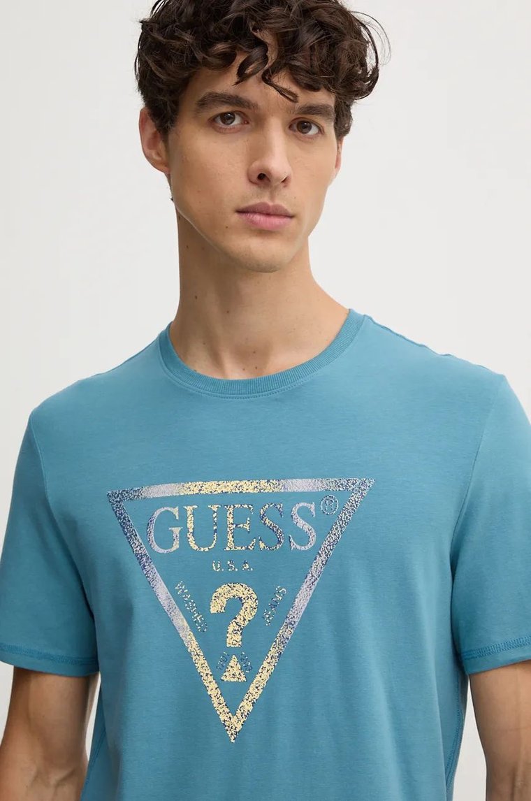 Guess t-shirt męski kolor turkusowy z nadrukiem M4BI35.J1314