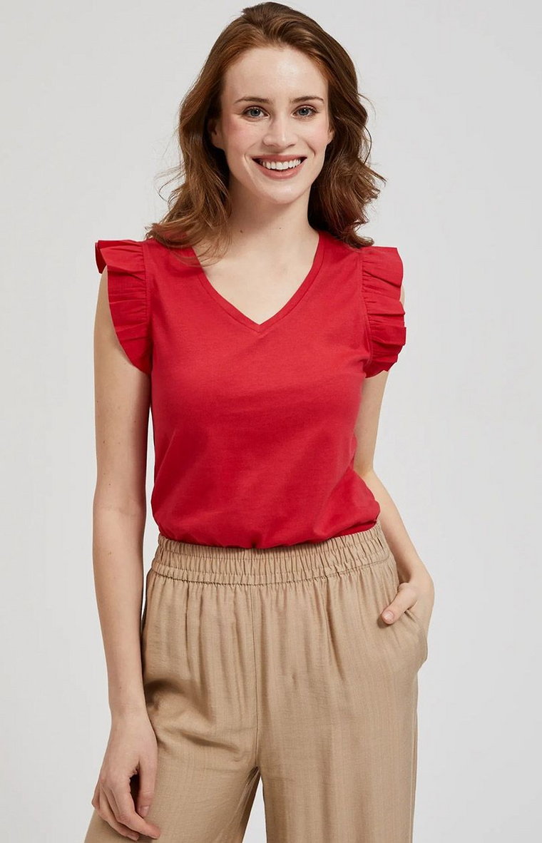Bluzka damska z falbaną na ramionach czerwona 4406, Kolor czerwony, Rozmiar XS, Moodo