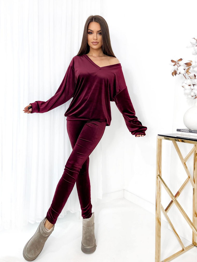 Komplet dres welurowy Mielczarkowski bluza w serek + legginsy Polski produkt  -  bordo