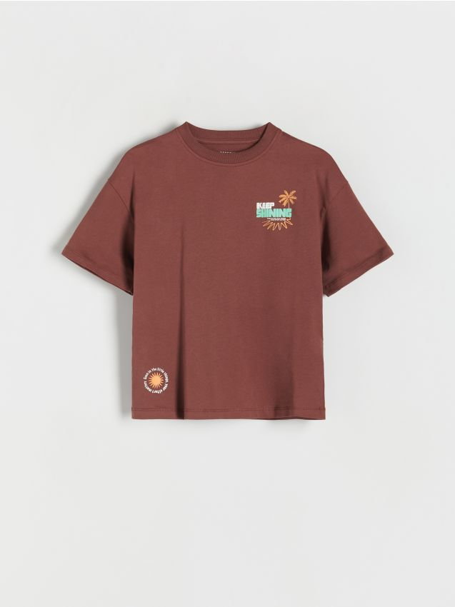 Reserved - T-shirt oversize z nadrukiem - brązowy