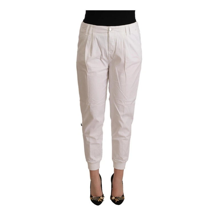 White Cotton Mid Waist Tapered Cropped Pants MET