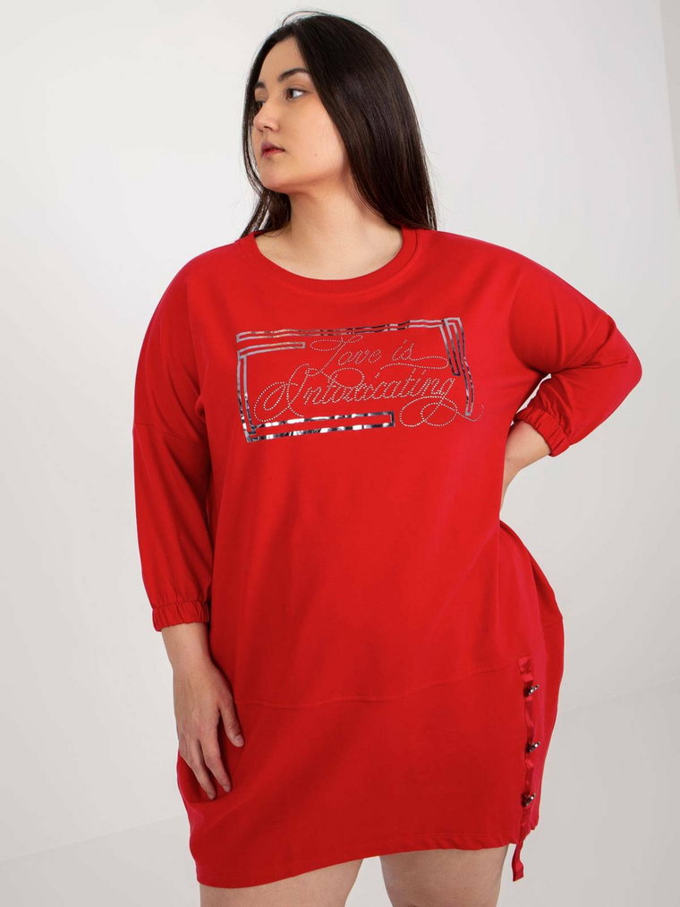 Tunika plus size czerwony sukienka dresowa codzienna długość midi dżety kieszenie