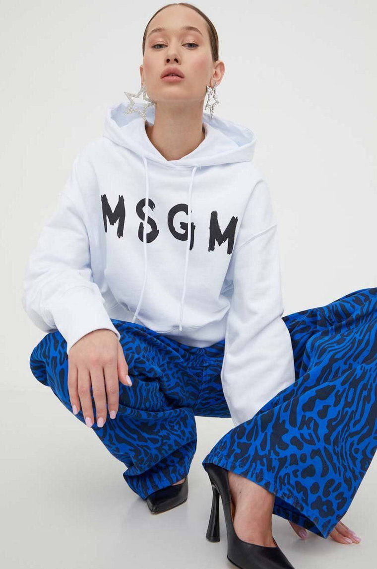 MSGM bluza bawełniana damska kolor biały z kapturem z nadrukiem