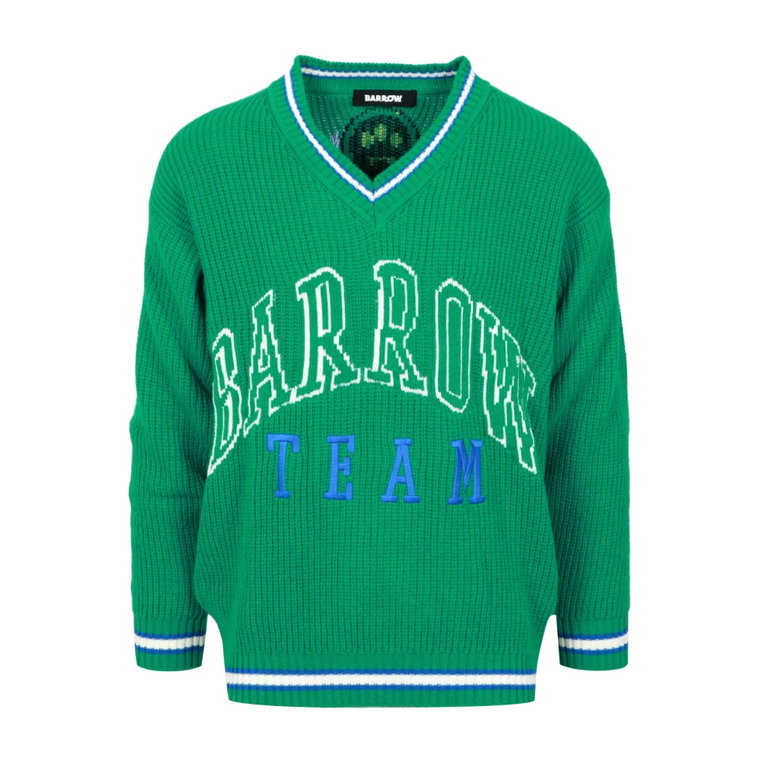 Zielony sweter z dekoltem V i logo jacquard Barrow
