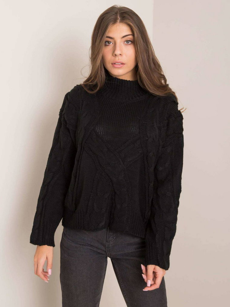 Sweter z warkoczami czarny casual dekolt stójka