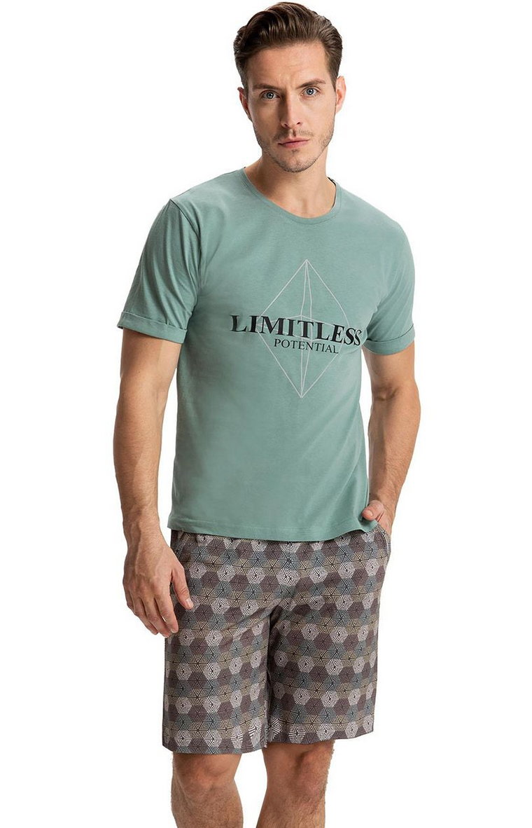 Luna bawełniana piżama męska w geometryczny wzór 722, Kolor zielony, Rozmiar M, Luna