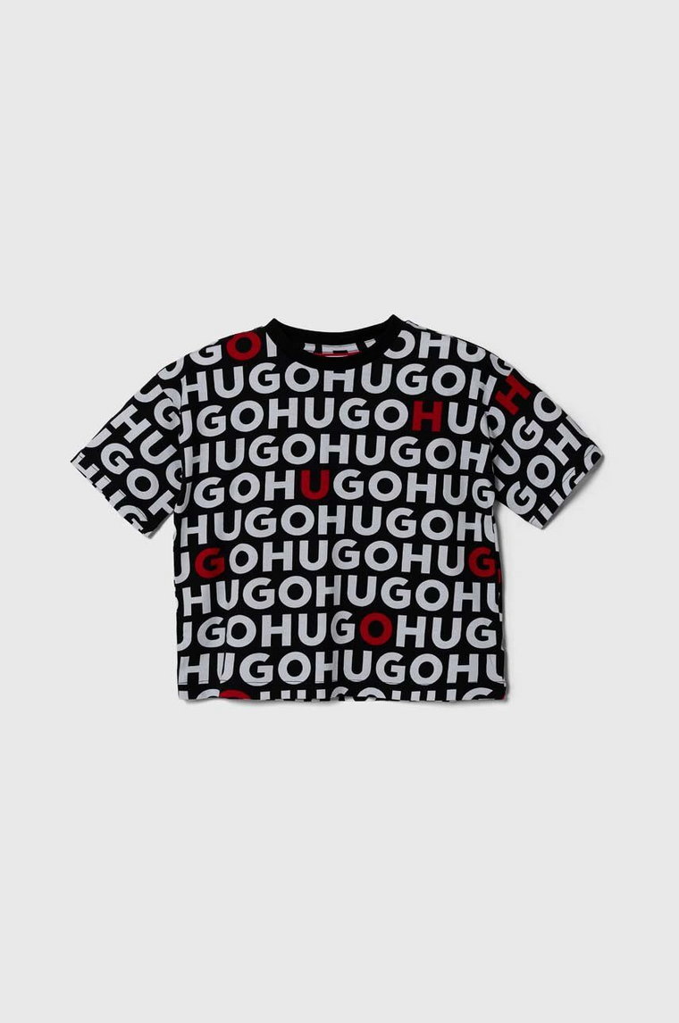 HUGO t-shirt bawełniany dziecięcy kolor czarny wzorzysty