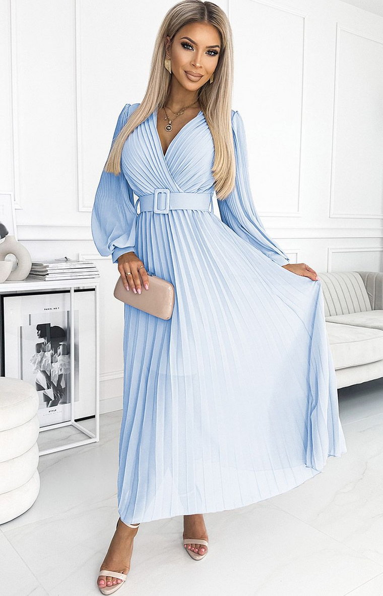 Plisowana sukienka z paskiem błękitna 414-10 Klara, Kolor błękitny, Rozmiar one size, NUMOCO BASIC