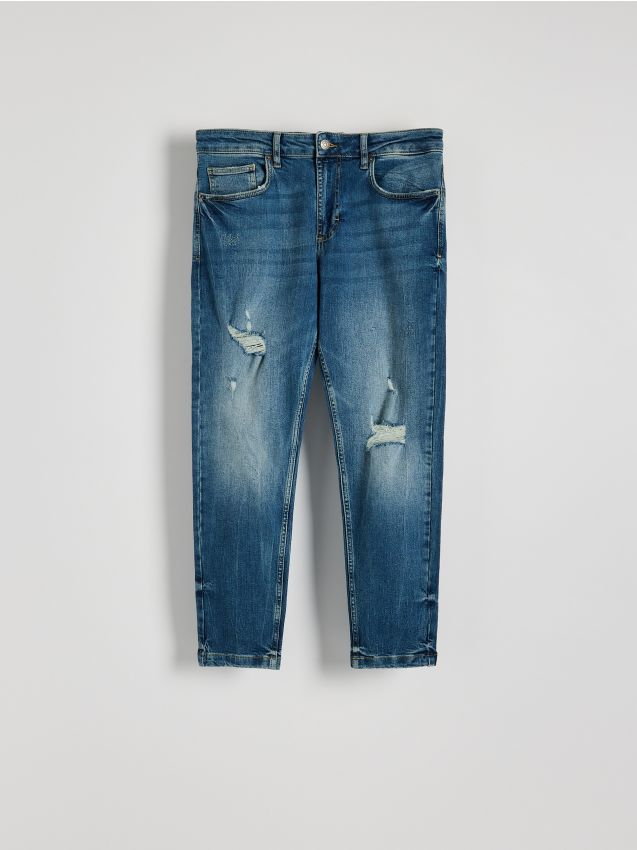 Reserved - Jeansy carrot slim z przetarciami - indigo jeans