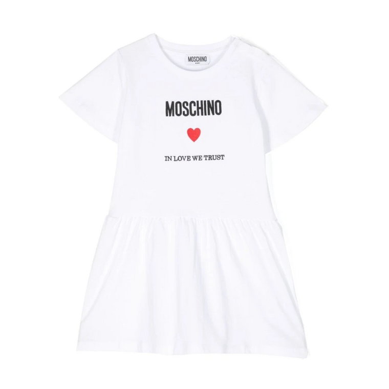 Biała sukienka z falbanami, logo i sercem Moschino