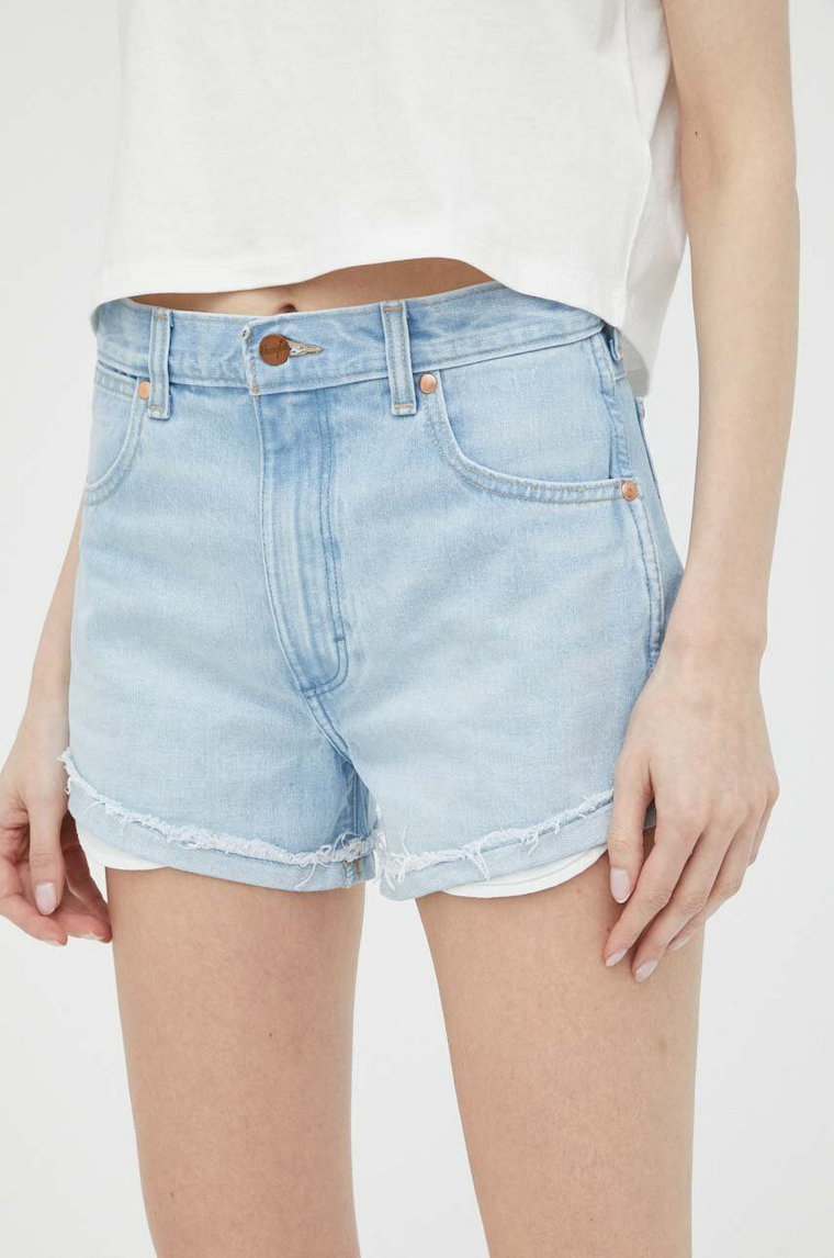 Wrangler szorty jeansowe damskie kolor niebieski gładkie high waist