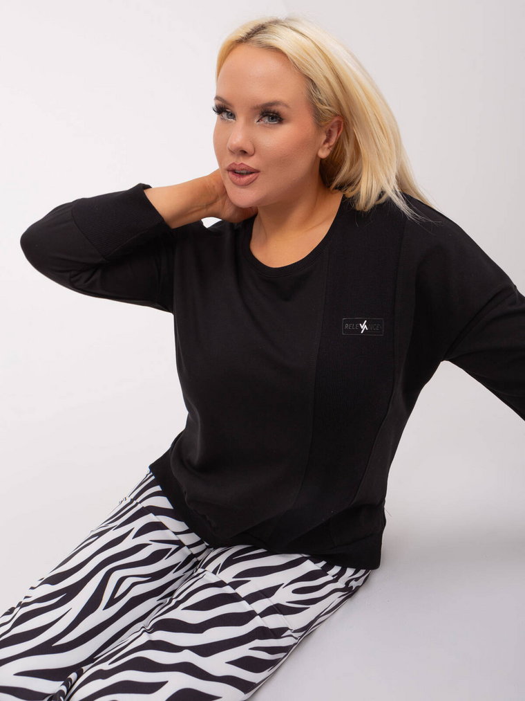 Bluzka plus size czarny casual codzienna dekolt okrągły rękaw 3/4