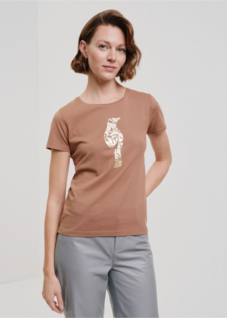 T-shirt damski w kolorze camel z wilgą