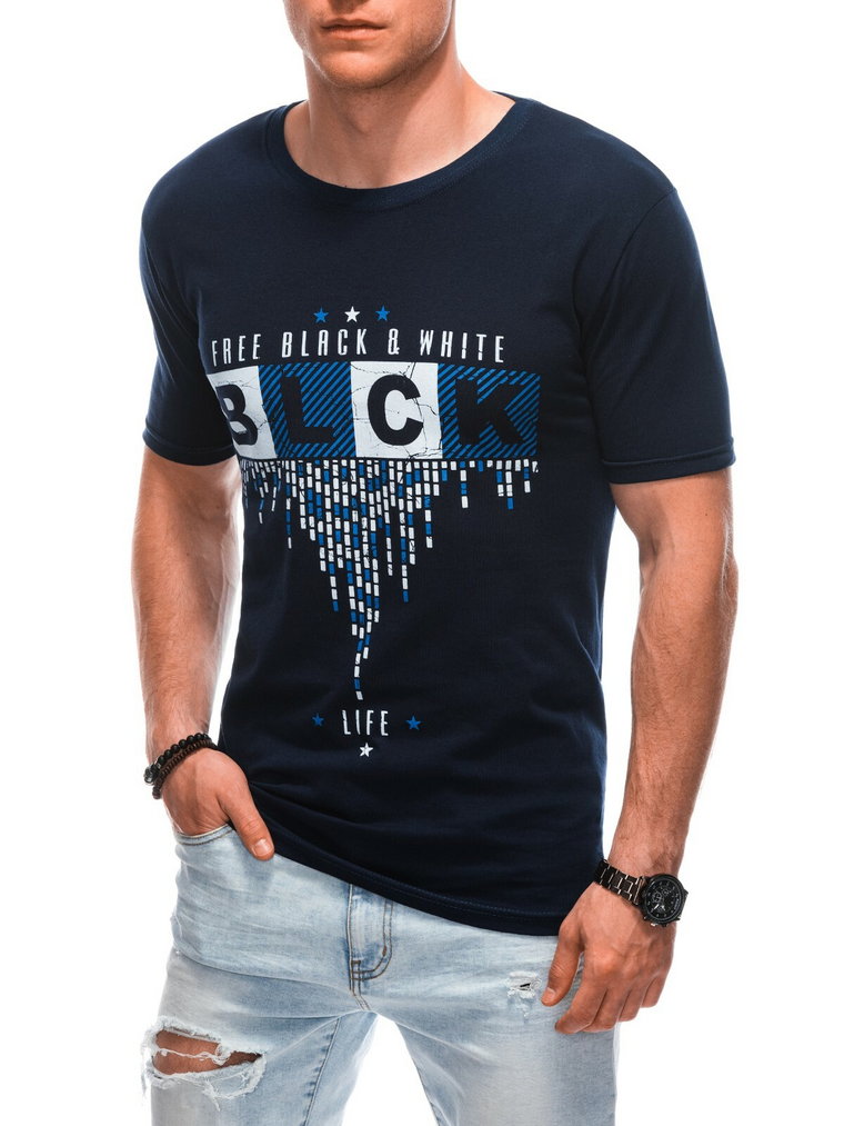 T-shirt męski z nadrukiem S1874 - granatowy