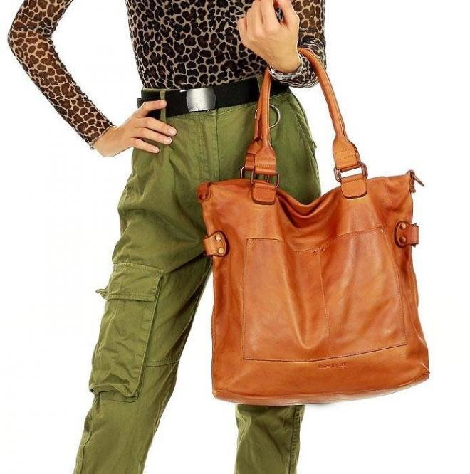 La Grazia Włoska Torebka XL  skórzana vintage shopper z dwoma kieszeniami brąz camel