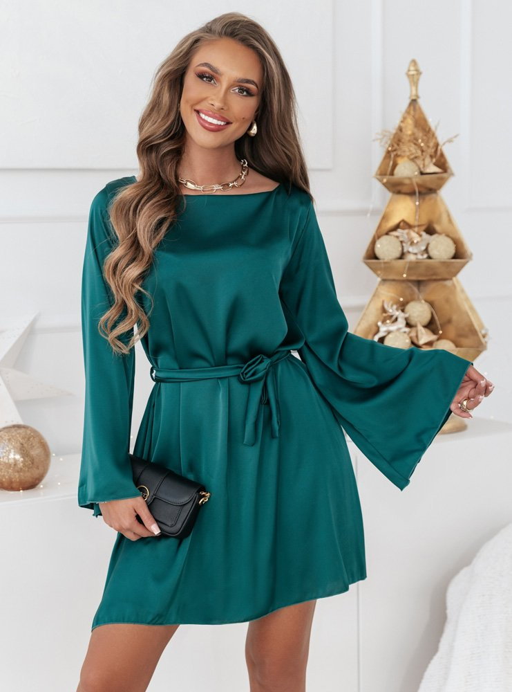Atłasowa sukienka z paskiem Ocenia - butelkowa zieleń - butelkowa zieleń