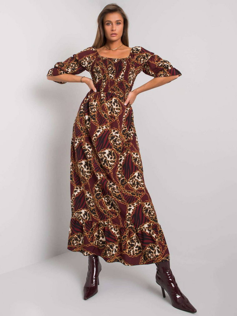 Sukienka z printem bordowy casual codzienna dekolt kwadratowy rękaw 3/4 długość maxi falbana