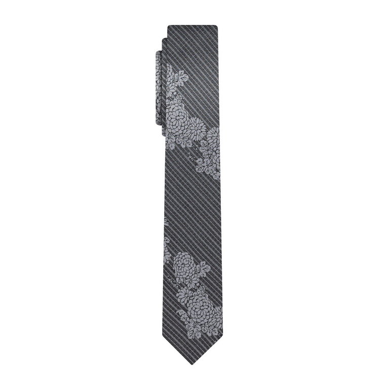 Krawat wąski szary w kwiaty / ornament "śledzik" EM 19