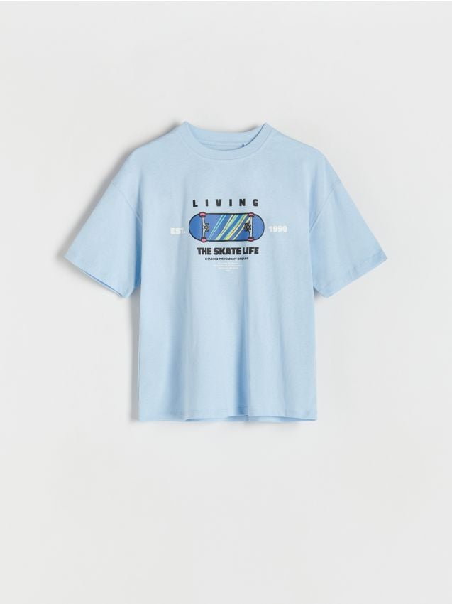 Reserved - T-shirt oversize z nadrukiem - jasnoniebieski