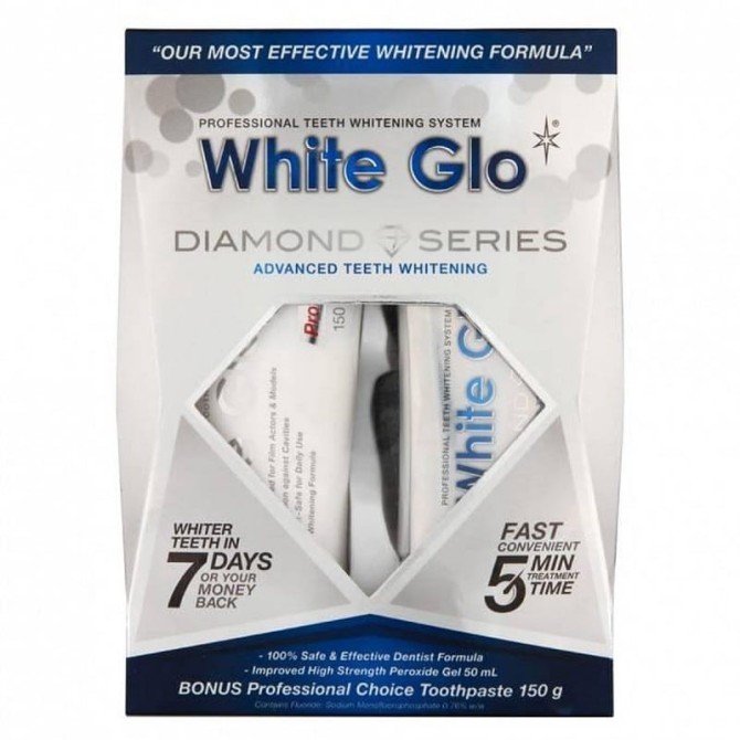 White Glo Diamond Series System zestaw wybielająca pasta do zębów 100ml + wybielający żel do zębów 50ml + nakładka na zęby