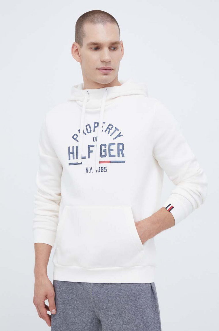 Tommy Hilfiger bluza męska kolor beżowy z kapturem z nadrukiem