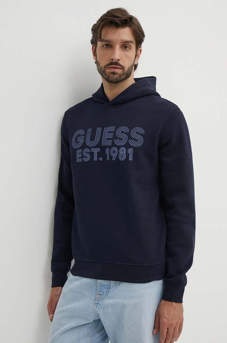 Guess bluza BEAU męska kolor granatowy z kapturem z nadrukiem M4YQ36 K9Z21