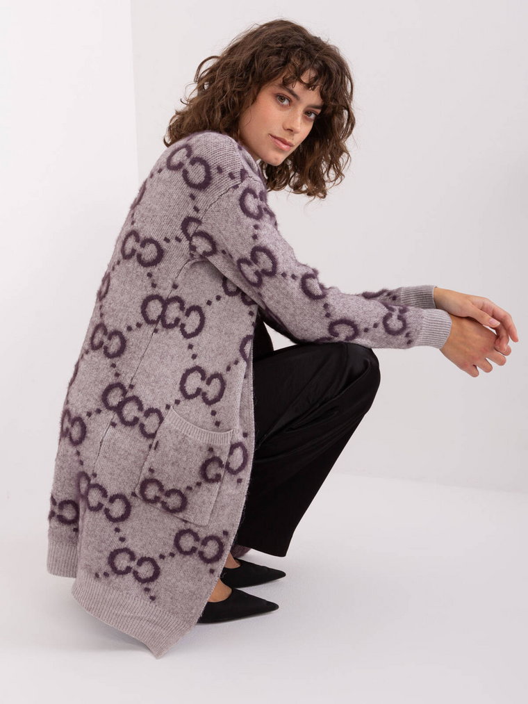 Sweter kardigan ciemny fioletowy casual rękaw długi długość przed kolano kieszenie
