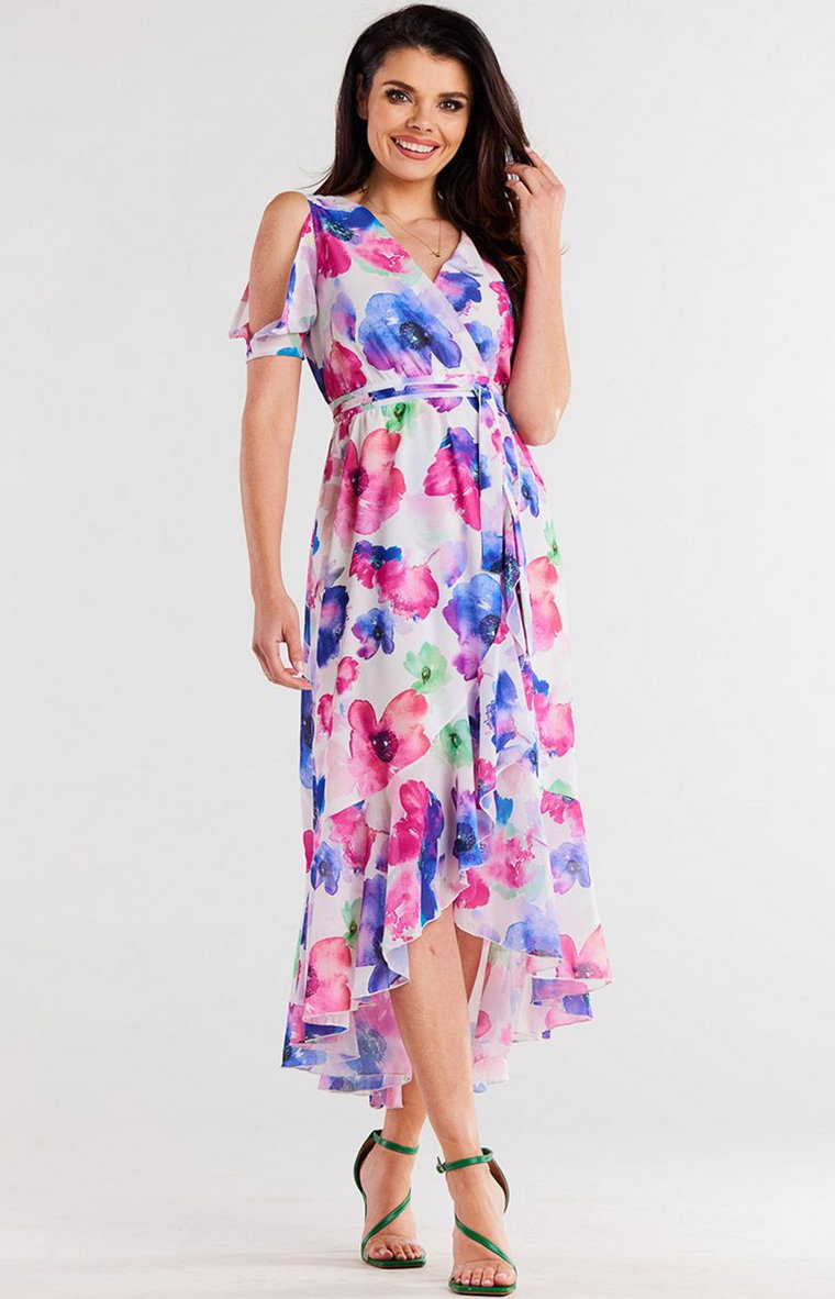 Sukienka kopertowa z szyfonu w kwiaty A508, Kolor multicolour, Rozmiar L, Awama