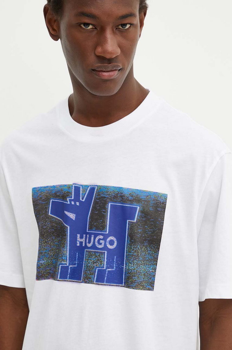 Hugo Blue t-shirt bawełniany męski kolor biały z nadrukiem 50519131