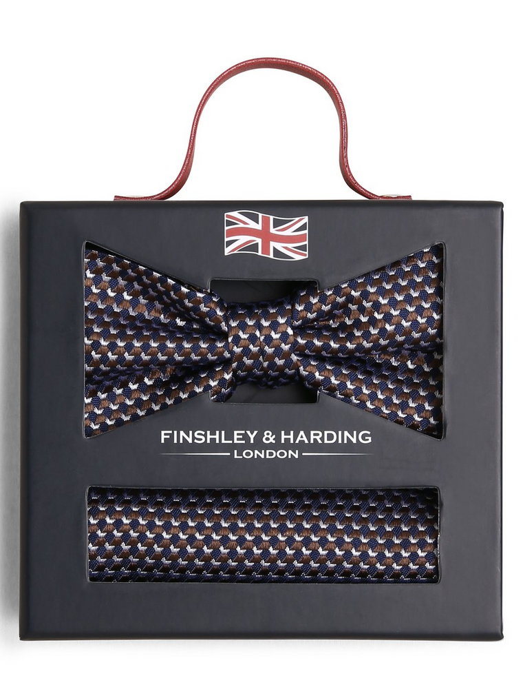 Finshley & Harding London - Muszka i poszetka męska z jedwabiu, niebieski|brązowy|srebrny