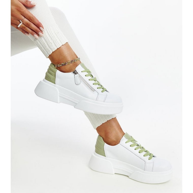 Biało-zielone skórzane sneakersy Atyaf białe