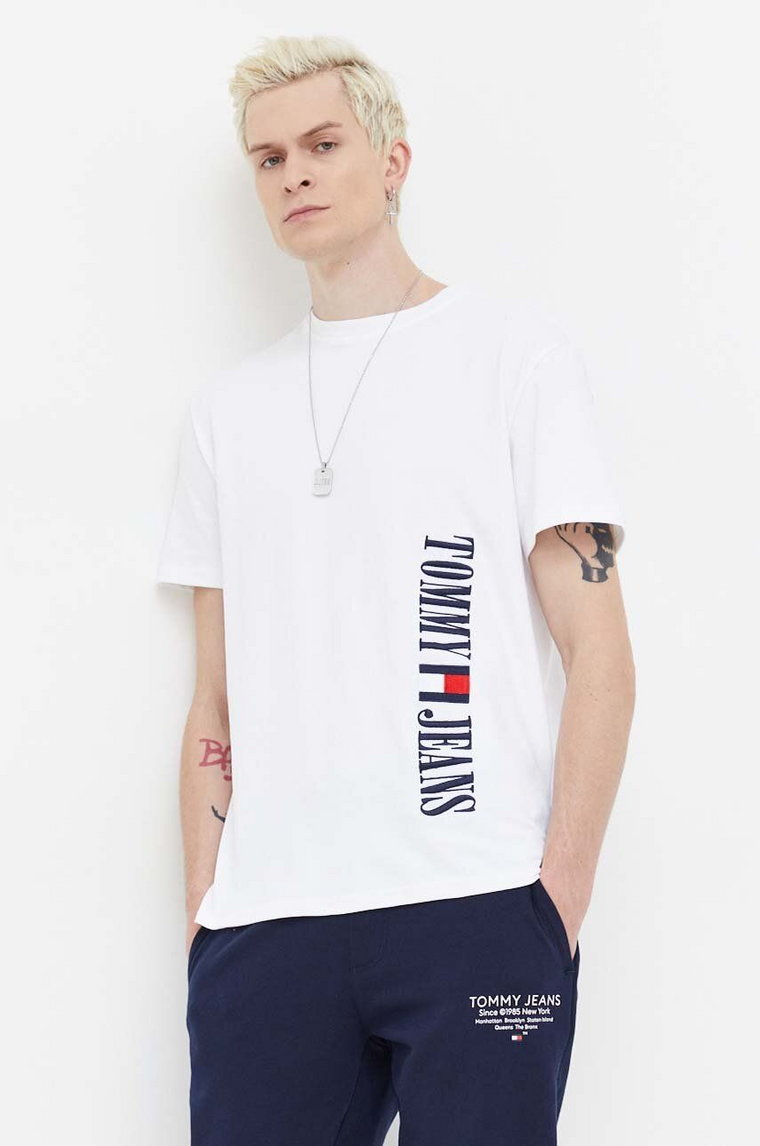 Tommy Jeans t-shirt bawełniany męski kolor biały z aplikacją