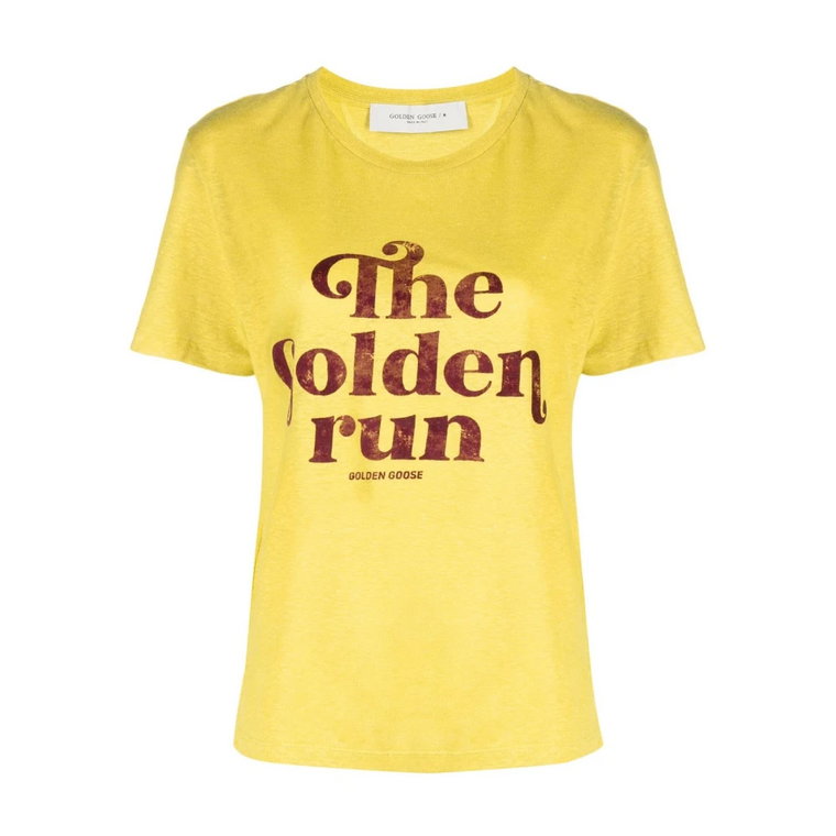 Musztardowa lniana koszulka z nadrukiem sloganu Golden Goose