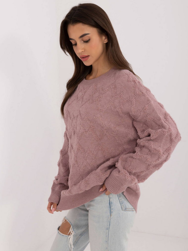 Sweter oversize jasny fioletowy casual dekolt okrągły rękaw długi