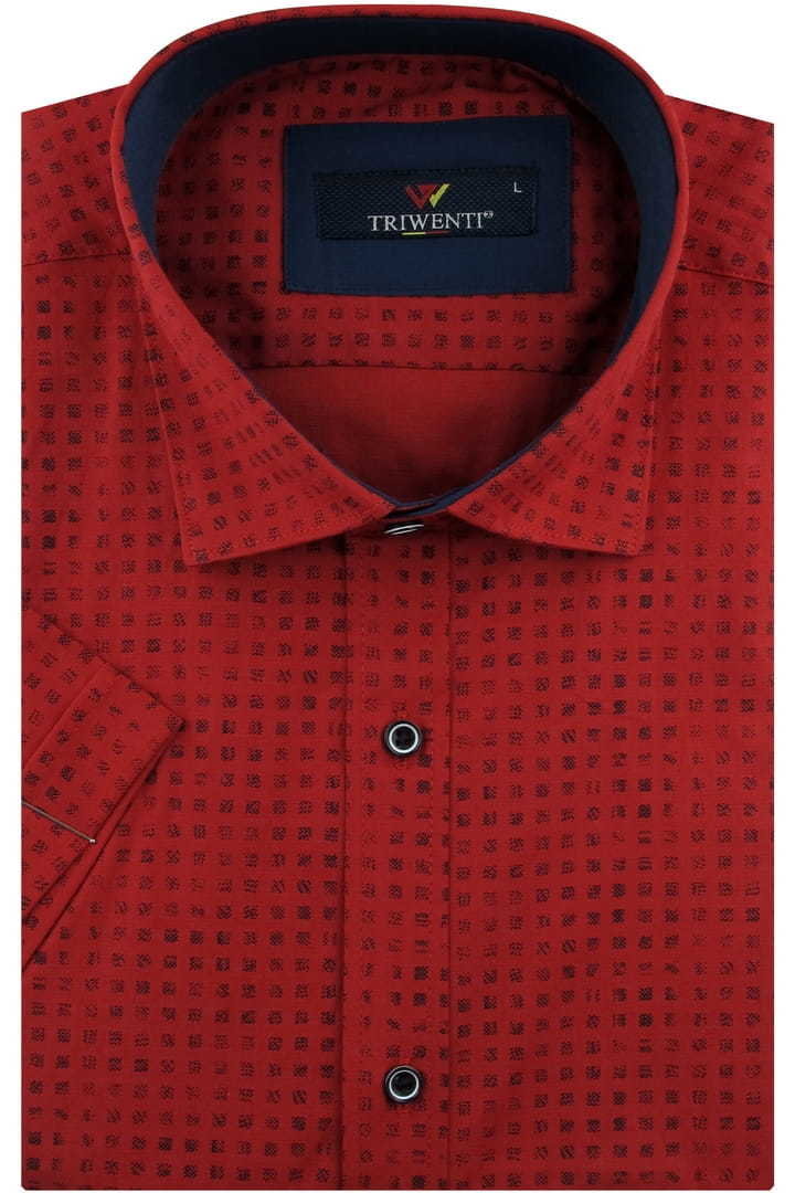 Koszula Męska Elegancka Wizytowa do garnituru czerwona we wzorki z krótkim rękawem w kroju SLIM FIT Triwenti N566
