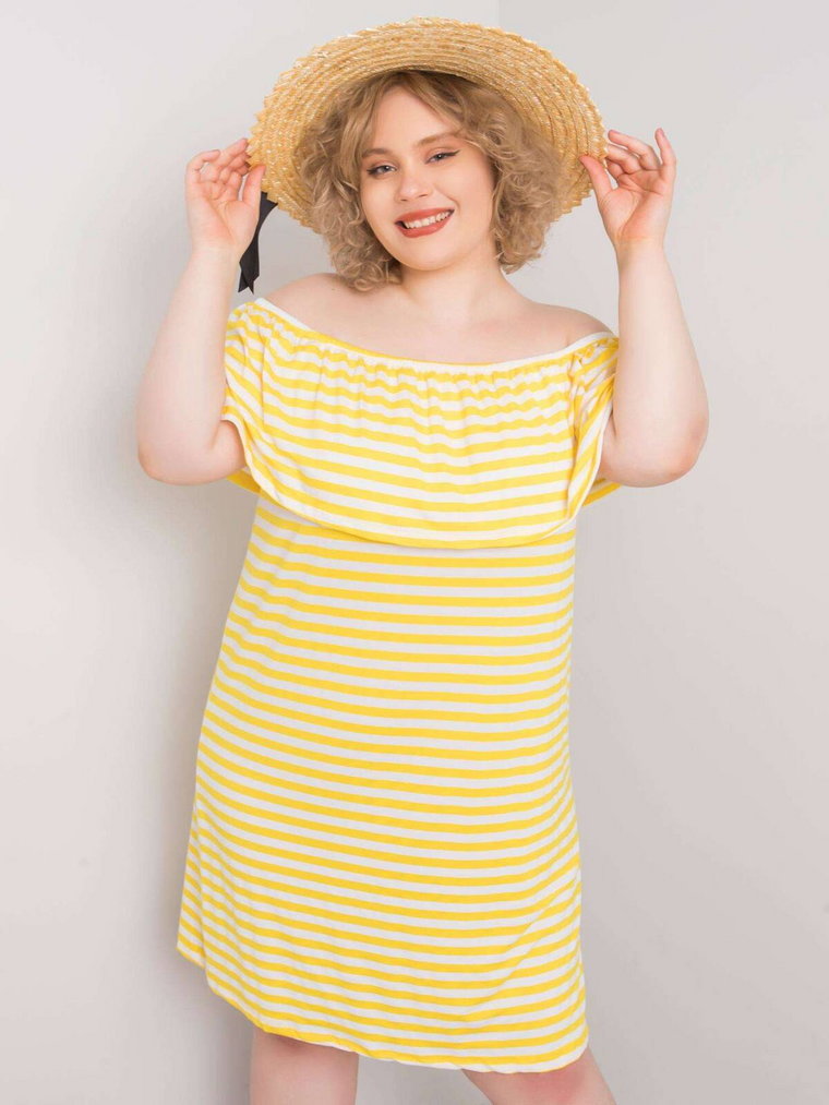Sukienka plus size biało-żółty casual codzienna dekolt hiszpanka rękaw krótki długość midi