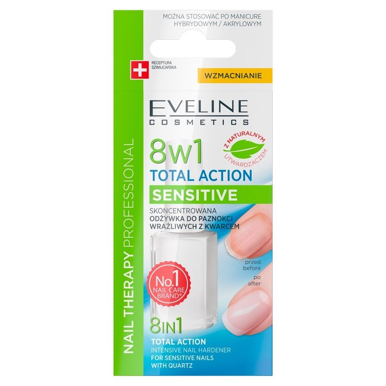 Eveline Cosmetics, 8in1 Total Action Sensitive, Skoncentrowana odżywka do paznokci wrażliwych z kwarcem, 12 ml